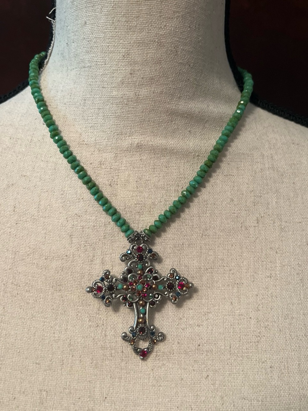 Green Beaded Necklace with Ornate Cross Pendant — Unbranded